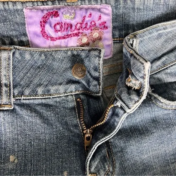 CANDIE’S Vintage Y2K 90’s Floral Embroidery Bell Bottoms Blue jeans Size 7/28 - Picture 9 of 10